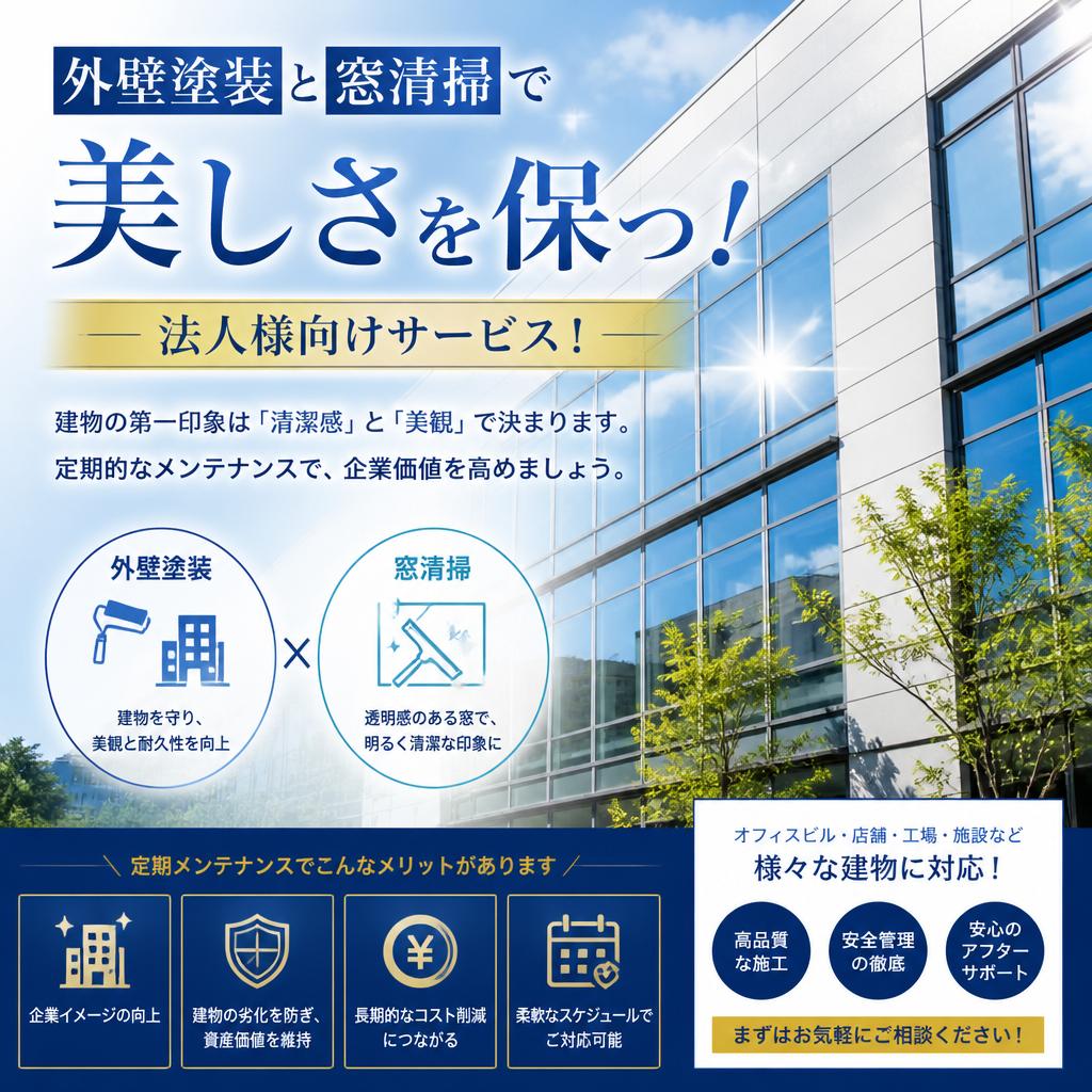 外壁塗装と窓清掃で美しさを保つ！法人様向けサービス！